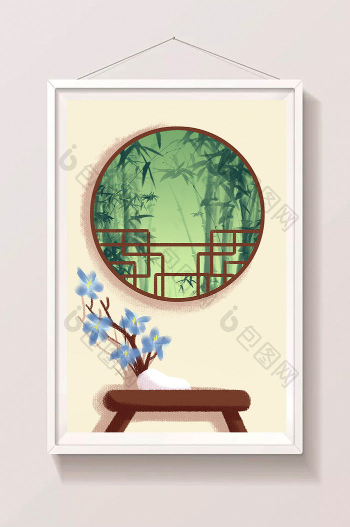 唯美中国风窗户竹林背景插画