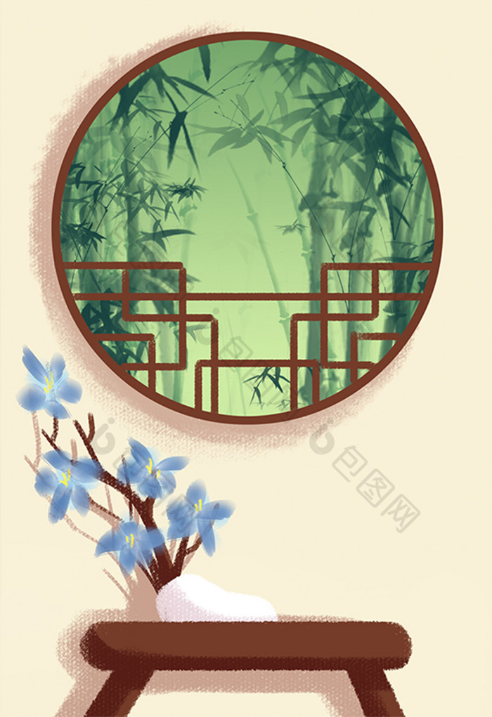 唯美中国风窗户竹林背景插画
