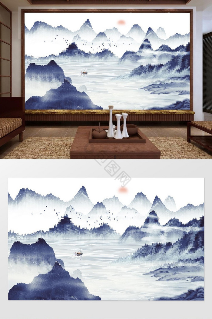 中式抽象意境山水电视背景墙定制图片
