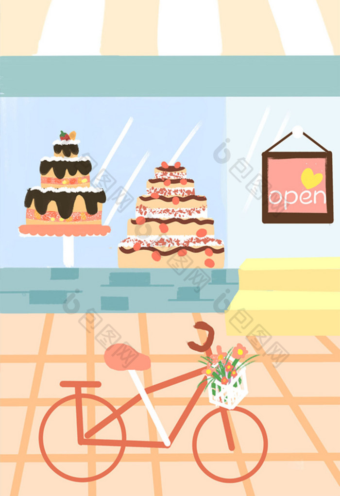 可爱小清新蛋糕店场景背景插画