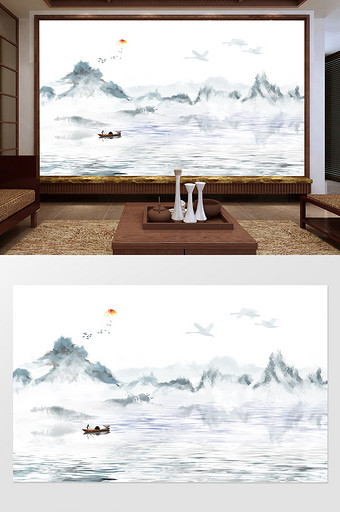新中式水墨山水背景墙定制图片