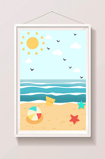 卡通手绘沙滩海边插画图片下载