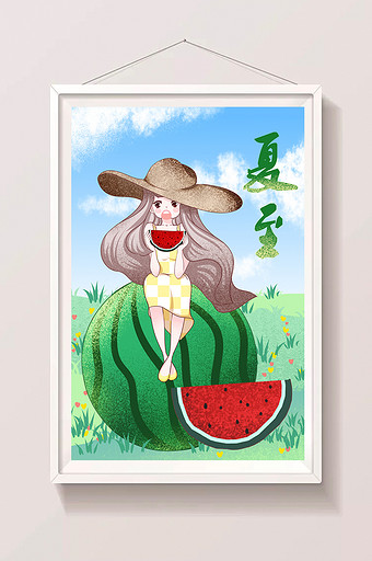 清新甜美蓝天绿地小女孩吃西瓜夏至海报插画图片