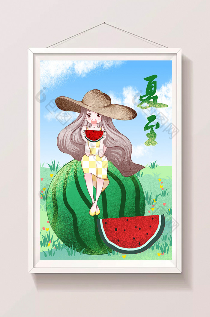 清新甜美蓝天绿地小女孩吃西瓜夏至海报插画