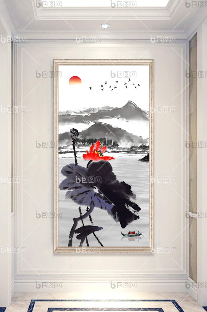 【中式水墨荷花玄关装饰画】图片下载-包图网