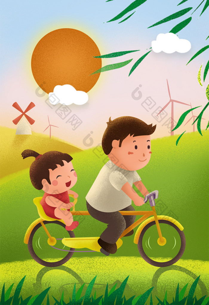 温馨田野父亲骑单车带儿女兜风父亲节插画