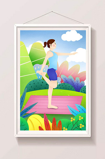 清新可爱绿色女生健身运动瑜伽插画图片