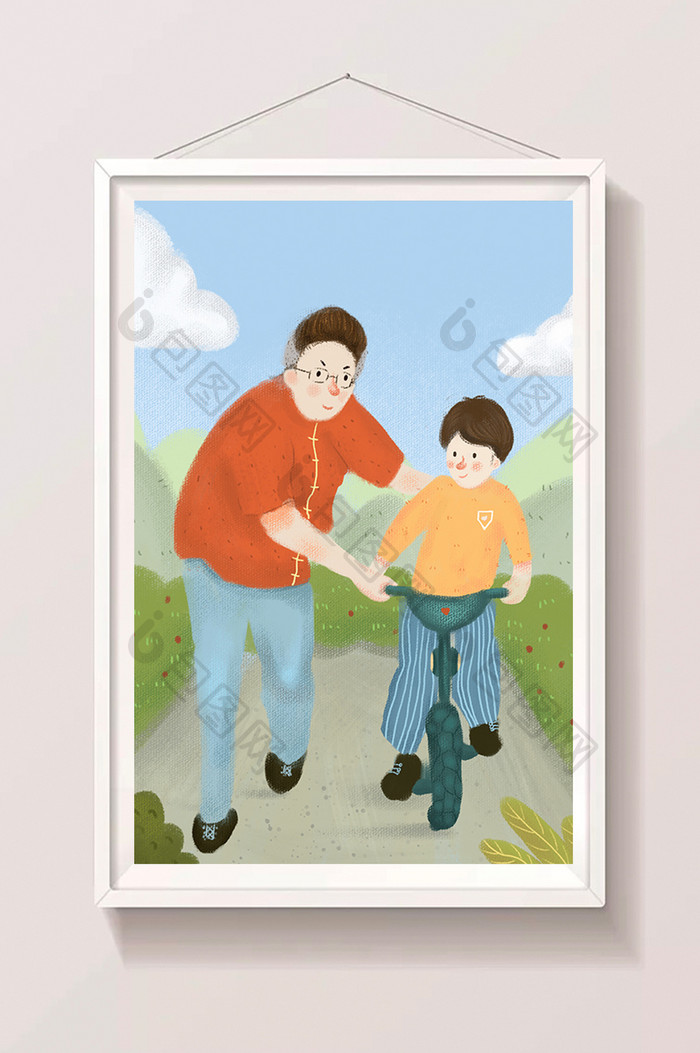 清新愉快父亲教孩子骑车插画