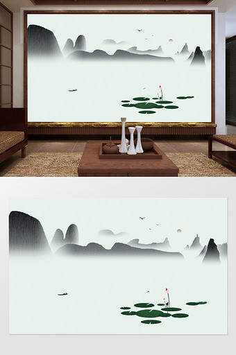 中国风简约夏荷水墨远山电视背景墙定制图片