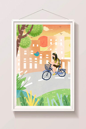 唯美清新绿色女性健康生活户外骑自行车插画图片