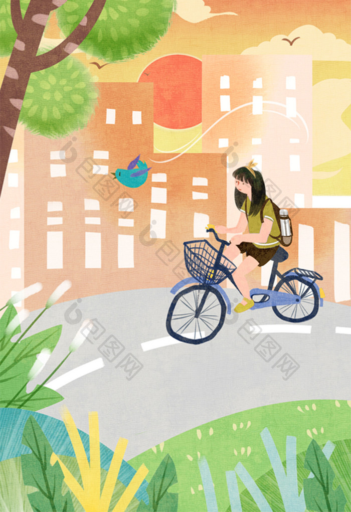 唯美清新绿色女性健康生活户外骑自行车插画