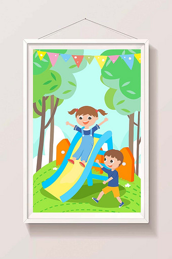 绿色可爱儿童草地玩滑梯61儿童节快乐插图图片
