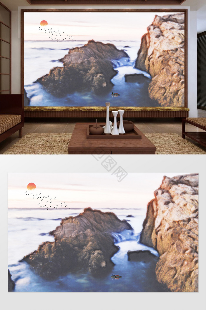 中式水彩风山水电视背景墙定制图片