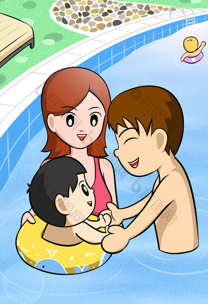 温馨家庭游泳健身运动插画