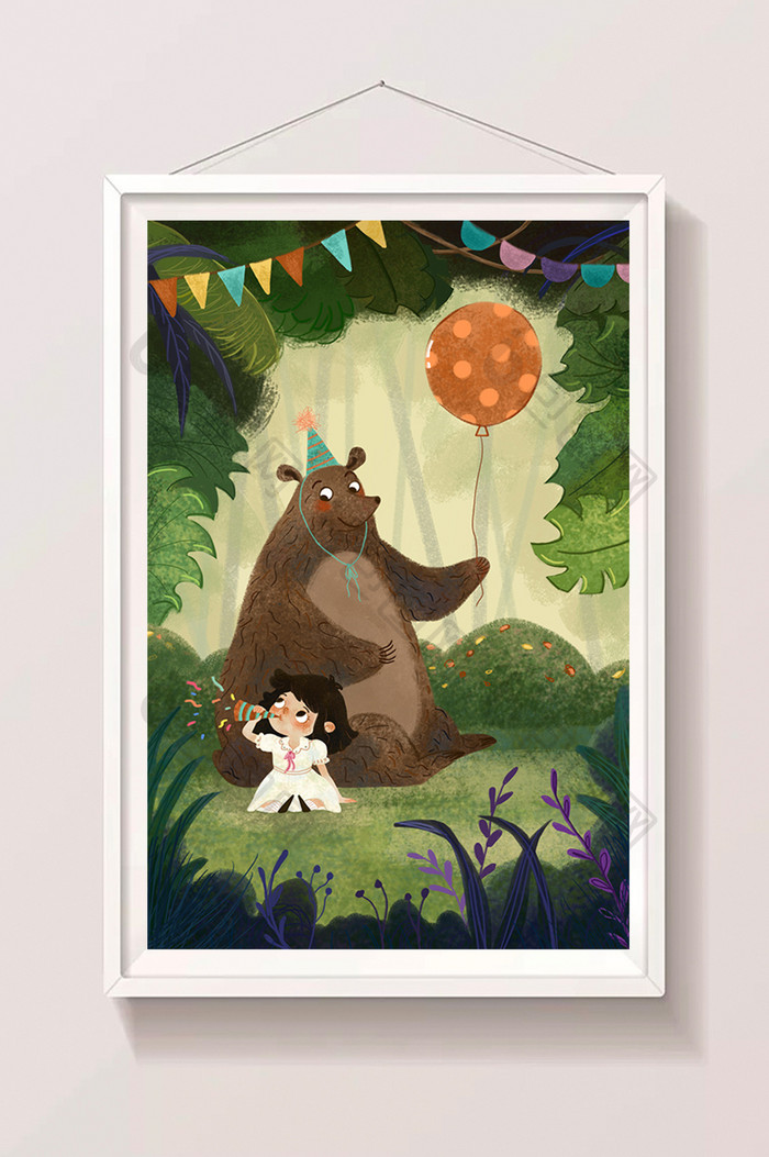 森林里庆祝儿童节可爱女孩和熊板绘插画背景