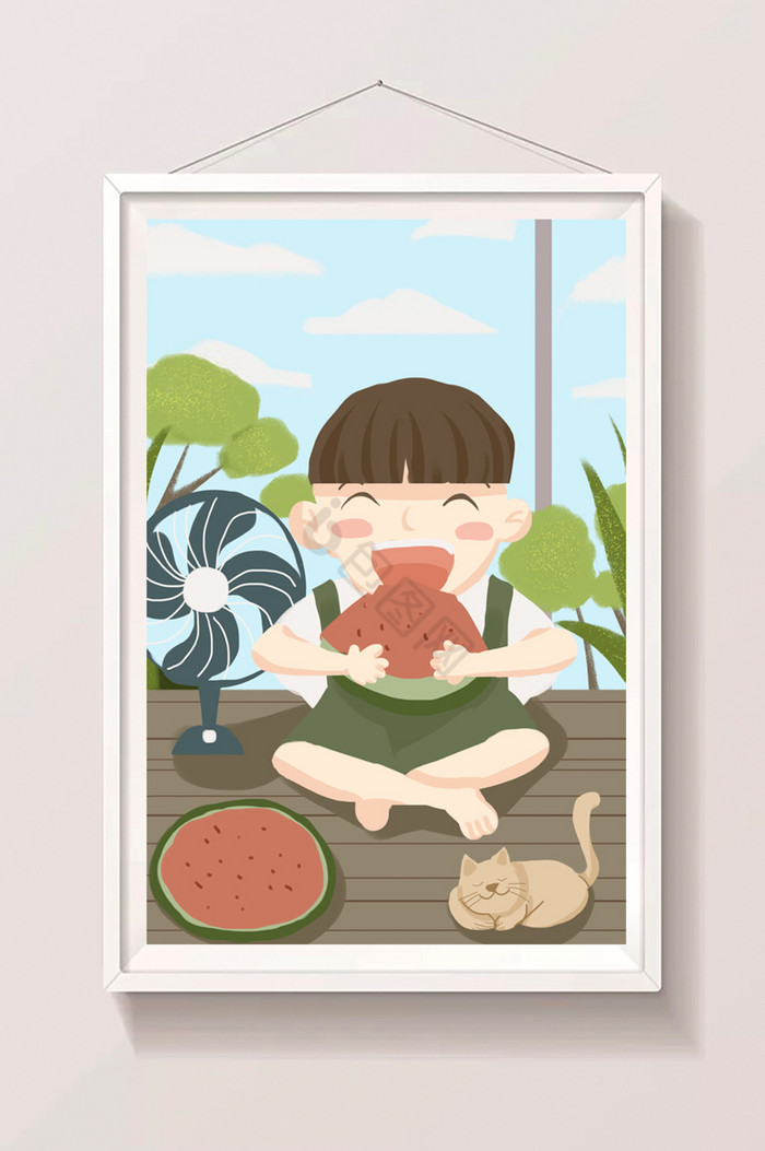 夏日吃西瓜的小孩插画图片