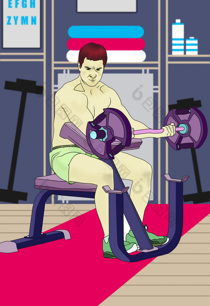 时尚简约健身房锻炼肌肉型男插画