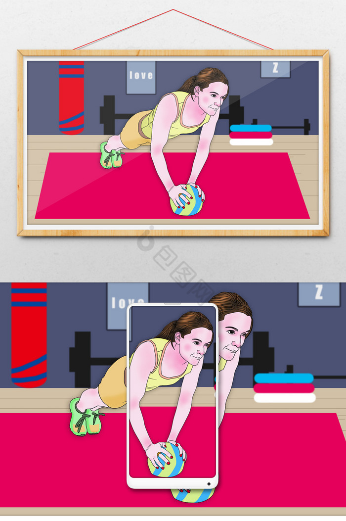 健身锻炼瑜伽动作美女插画图片