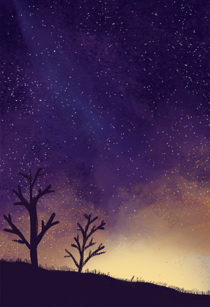 紫色唯美清新夜晚星空背景插画