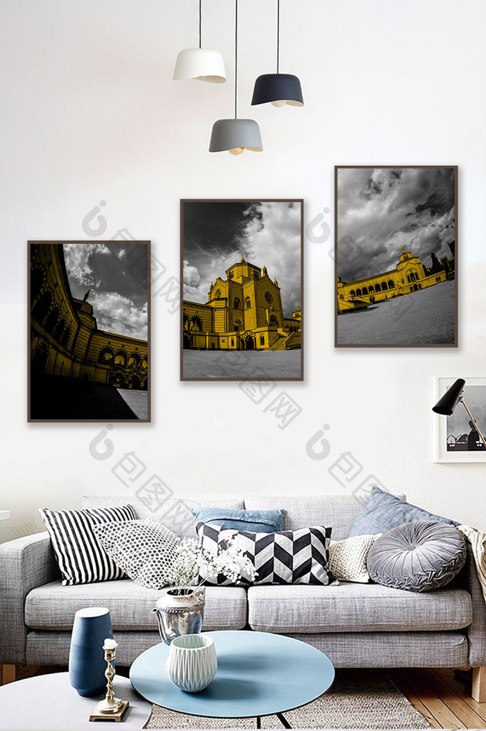 风景黑白黄色教堂城堡三联装饰画