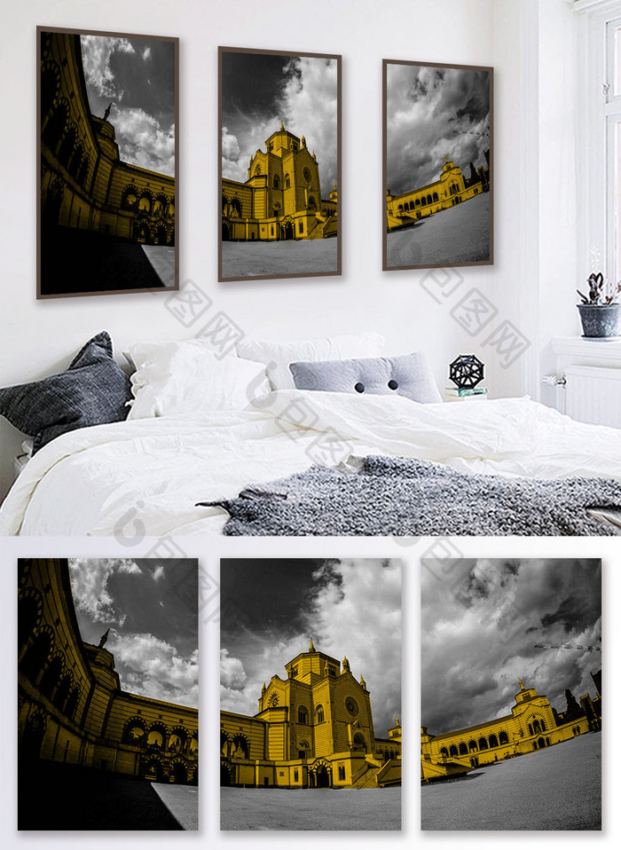 风景黑白黄色教堂城堡三联装饰画