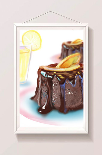 清新写实手绘巧克力柠檬慕斯西式甜点插画图片