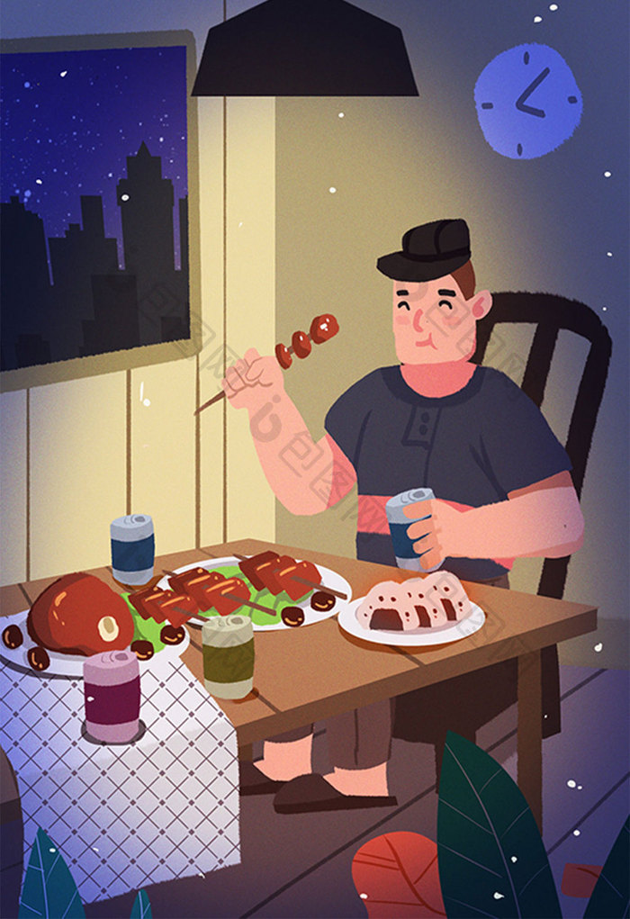 卡通深夜食堂食物串串肉食美食啤酒烧烤插画