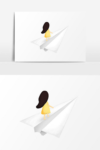 纸飞机上小女孩插画元素图片
