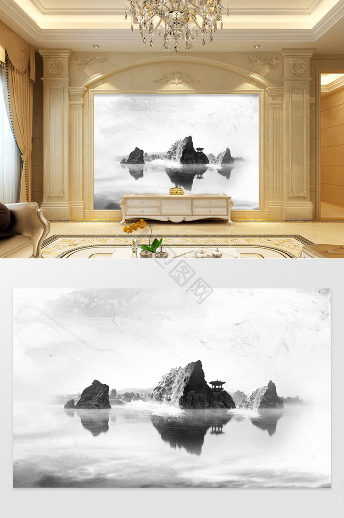 高清3D大理石纹山水沙发背景墙定制图片