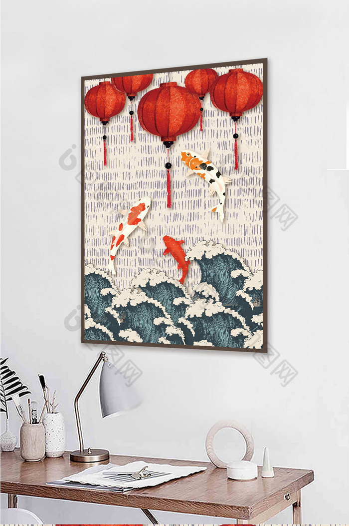 中国风大红灯笼装饰画鲤鱼挂画