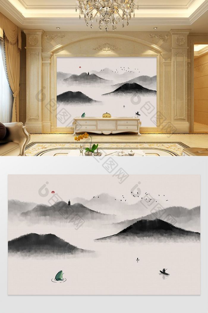 新中式水墨肌理山水画电视背景墙定制效果图-【包图网】