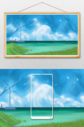 绿色调静谧的海边手绘背景插画图片