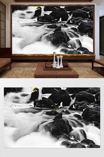 中国风水墨山水高山流水电视背景墙定制图片