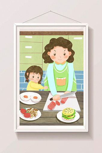清新卡通可爱母亲与孩子做美食插画图片