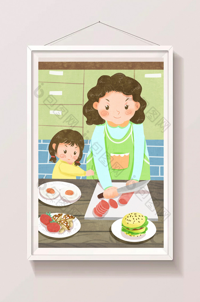 清新卡通可爱母亲与孩子做美食插画