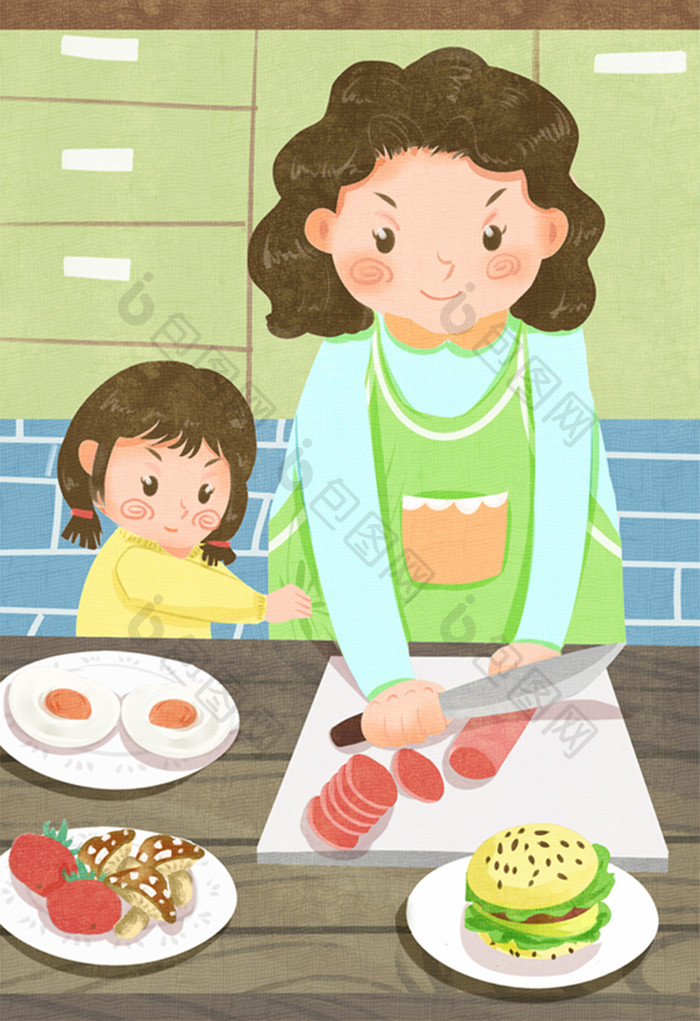 清新卡通可爱母亲与孩子做美食插画