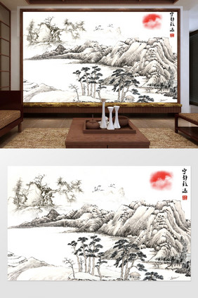 水墨山水仙鹤装饰画