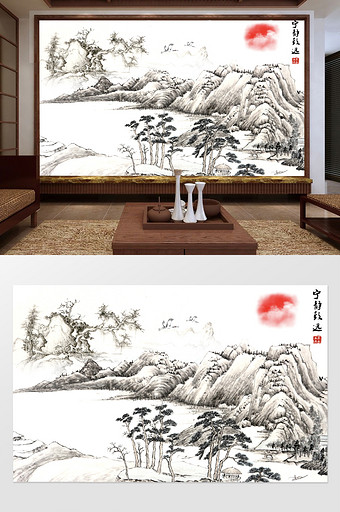 水墨山水仙鹤装饰画图片