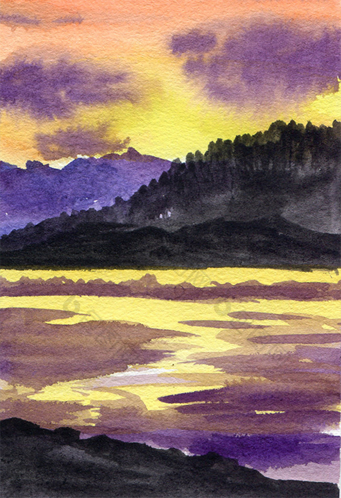 日落冷色调风景素材免费下载,本次作品主题是插画,使用场景是背景素材