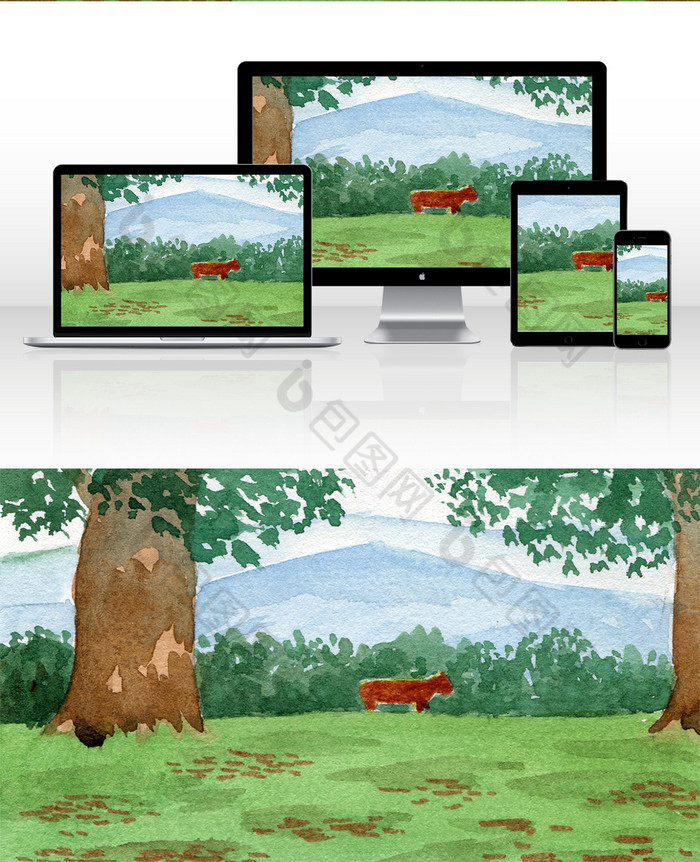 包图网提供精美好看的树木动物牛吃草风景插画图片素材