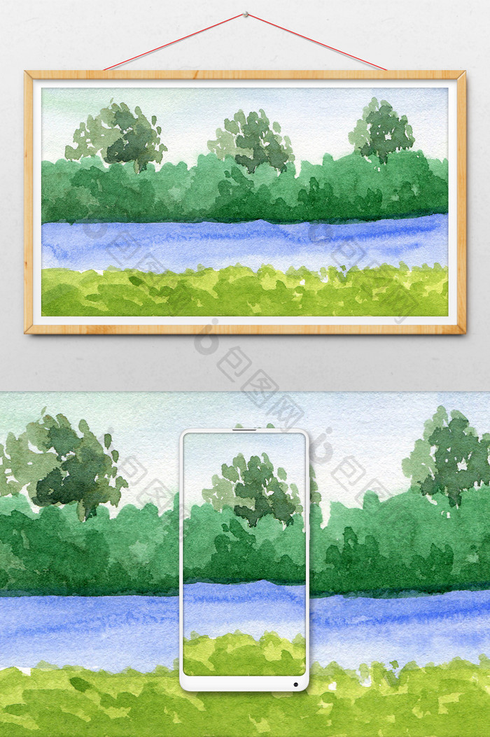 绿色草地风景水面插画背景素材