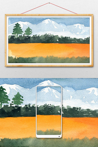 远山雪山树木手绘水彩风景插画背景图片