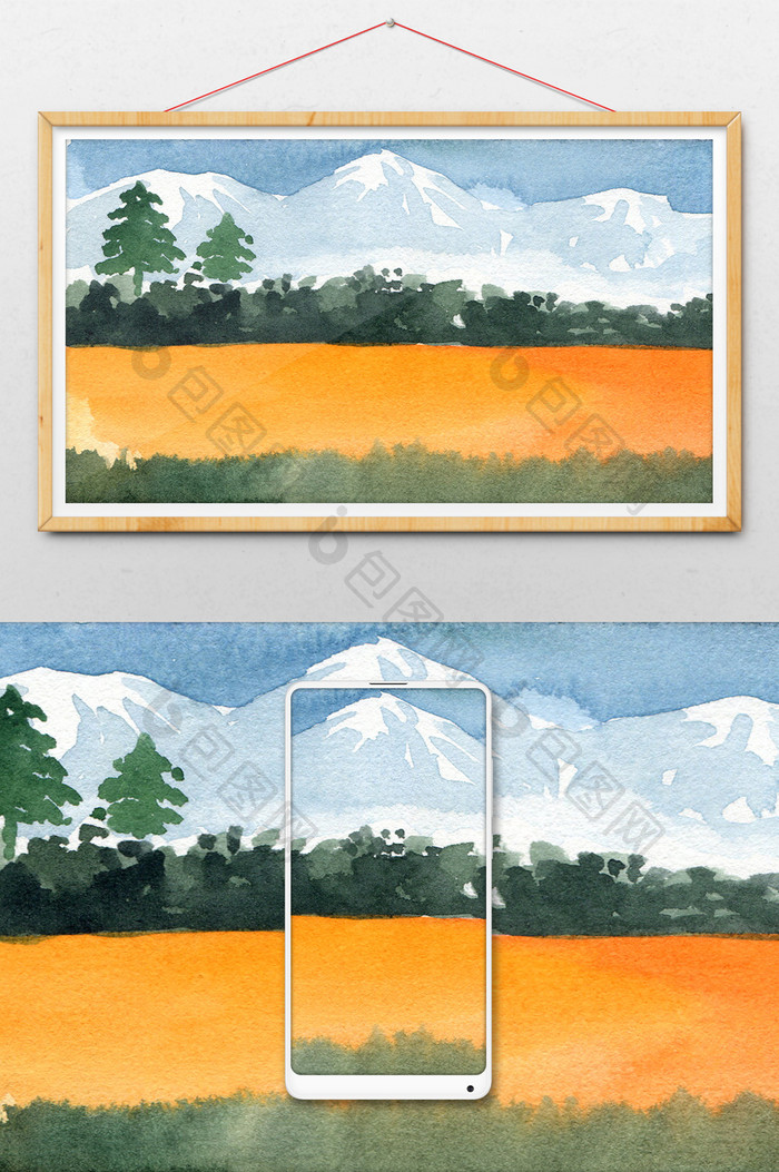 远山雪山树木手绘水彩风景插画背景