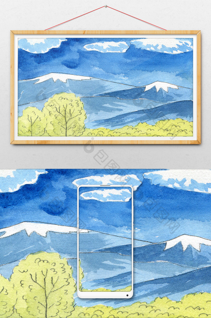 日本浮世绘水彩手绘风格远山插画背景