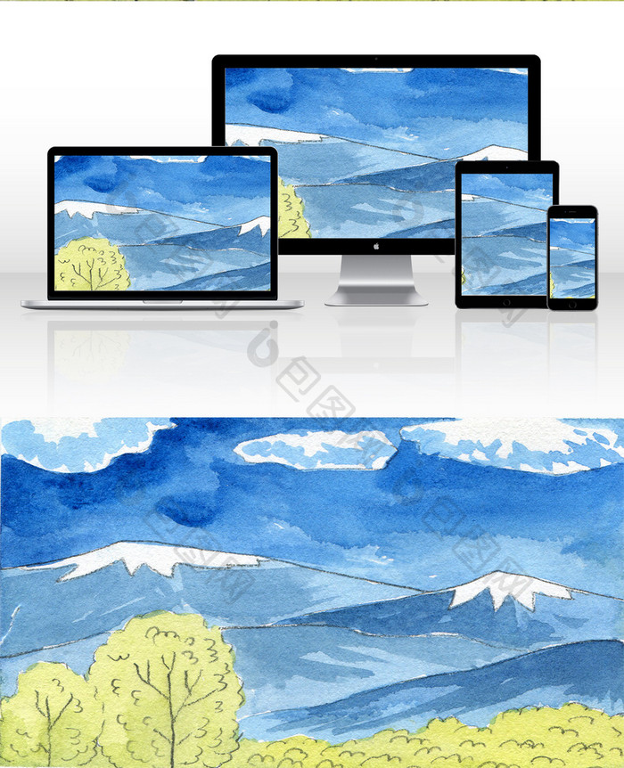 日本浮世绘水彩手绘风格远山插画背景
