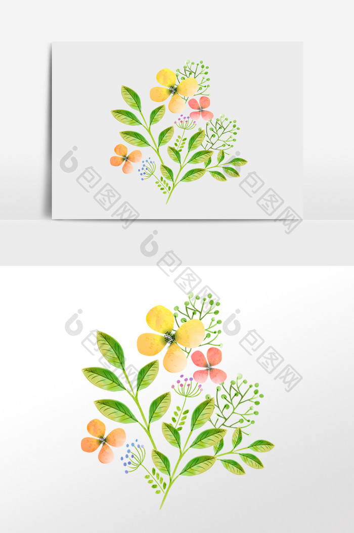 小清新水彩手绘叶子花朵插画元素