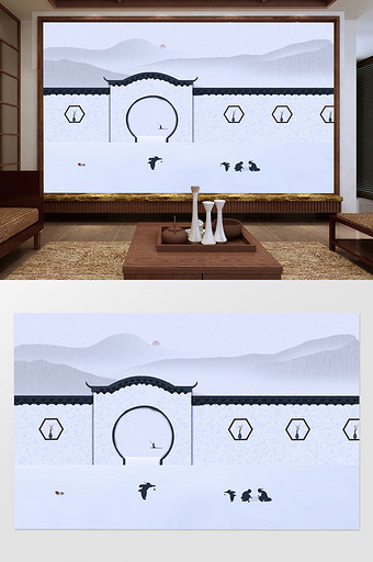 中国风徽派建筑江南风情电视背景墙定制图片