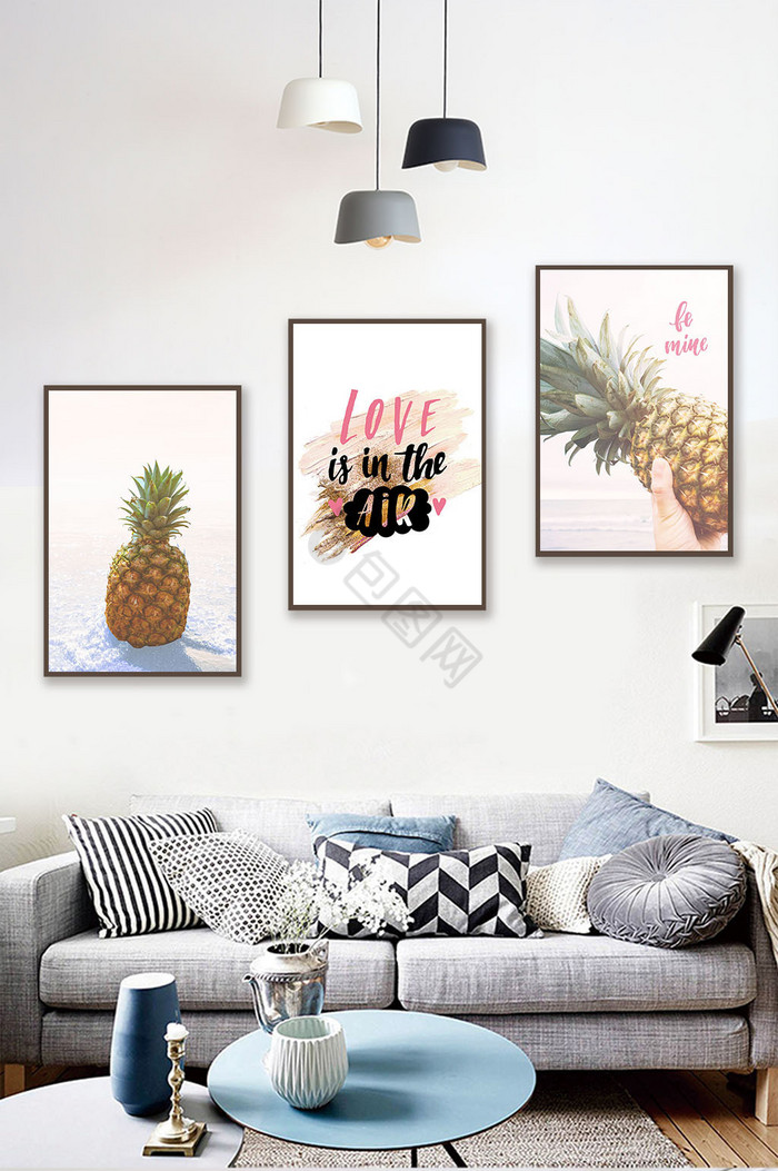 唯美小清新北欧风字母菠萝三联装饰画图片