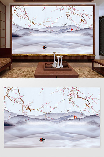 新中式山水渔舟唱晚意境电视背景墙定制图片