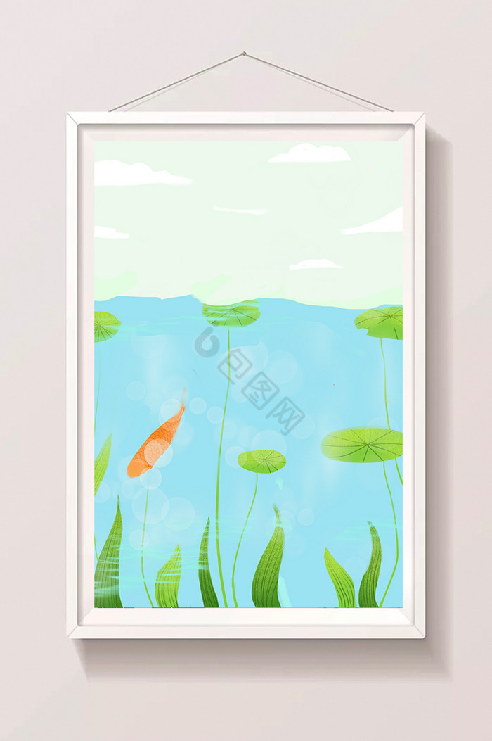 池塘荷叶鲤鱼插画图片